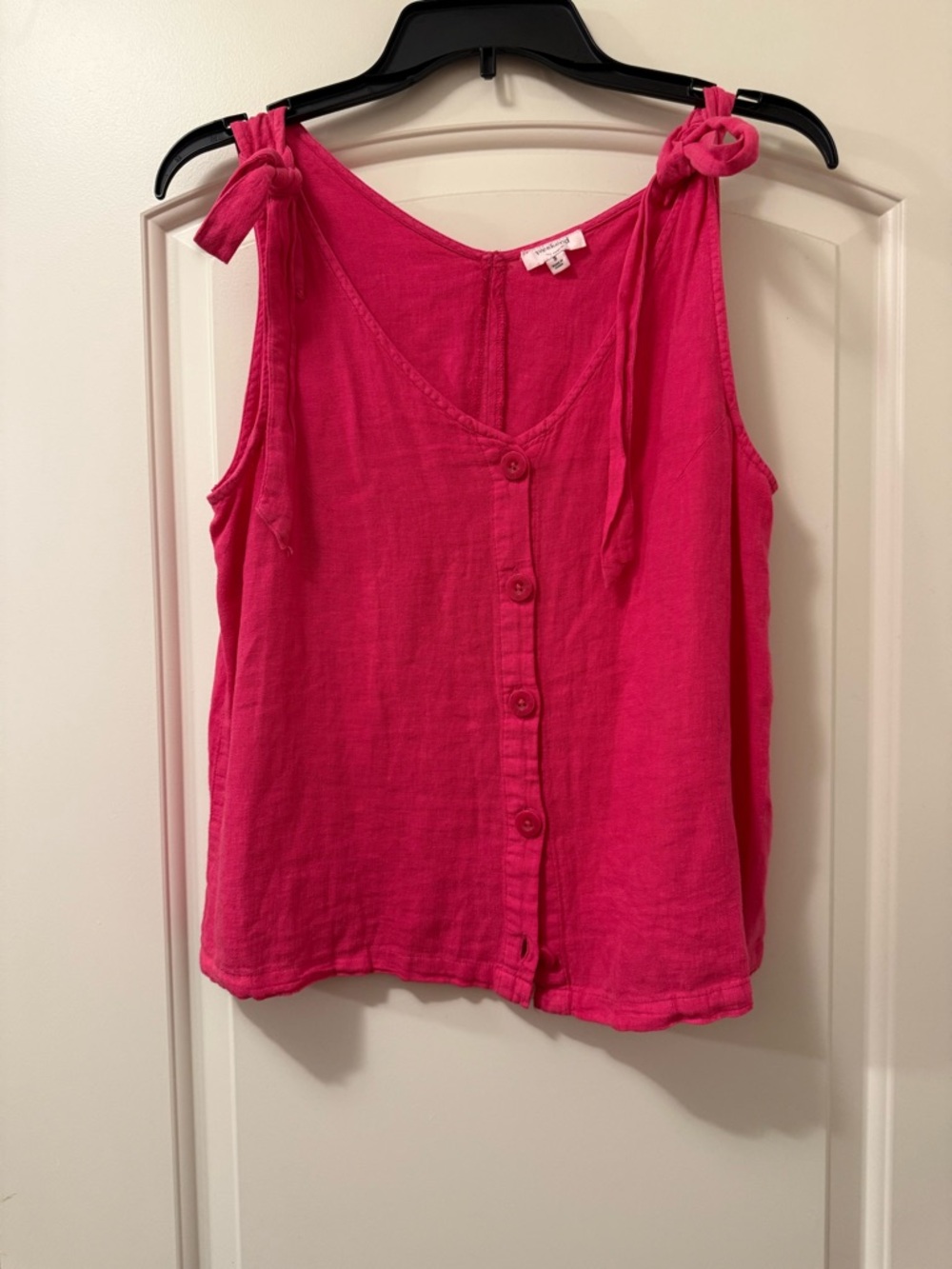 Pink Button Down Tie-Shoulder Linen Tank Top